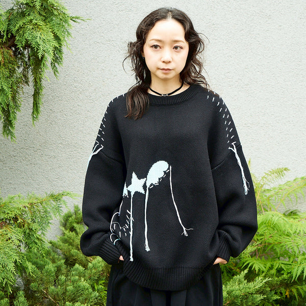 [MADE-TO-ORDER] WINGLE STAR & FEATHER COTTON-ACRYLIC SWEATER【BLACK】