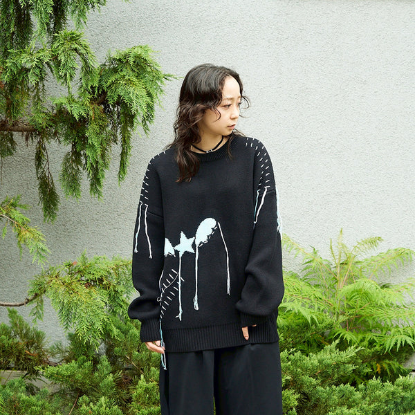 [MADE-TO-ORDER] WINGLE STAR & FEATHER COTTON-ACRYLIC SWEATER【BLACK】