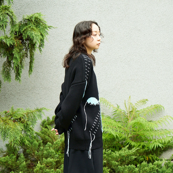 [MADE-TO-ORDER] WINGLE STAR & FEATHER COTTON-ACRYLIC SWEATER【BLACK】