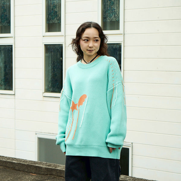 [MADE-TO-ORDER] WINGLE STAR & FEATHER COTTON-ACRYLIC SWEATER【MINT】